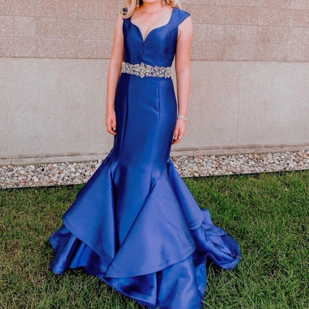 Jovani Royal Blue Gown Dress with Embellished Waist